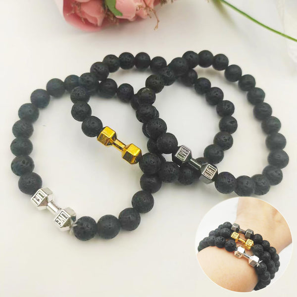Men's Jewelry Alloy Metal Barbell & Lava Rock Stone Beads Fitness Fashion Dumbbell Bracelet close up