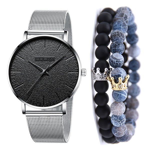 Business Mesh Band Quartz Watch Bracelet Set 3PCS Set. FRONT VIEW 